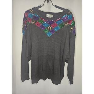 Vintage PK Elliot Plus Sweater 2X Black Sequins Pullover Casual Knit Grannycore